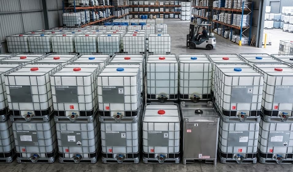 Stacked IBC tanks with forklift