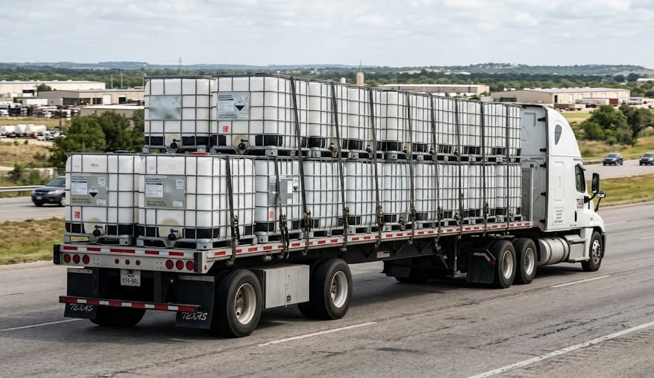 Flatbed truck transporting IBC tanks